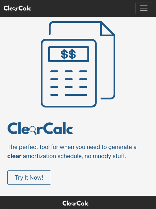 Mobile size screenshot of ClearCalc project homepage