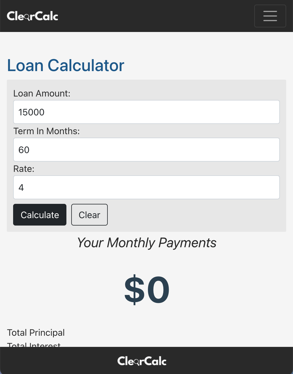 Screenshot of ClearCalc project - mobile calculator page