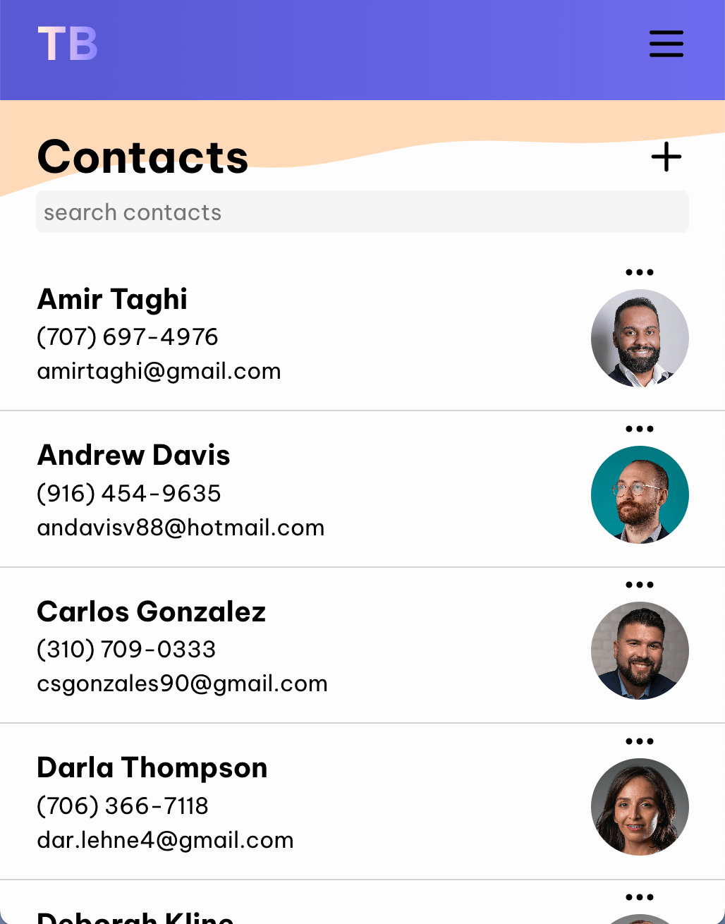 Screenshot of Touch Base project mobile contacts page